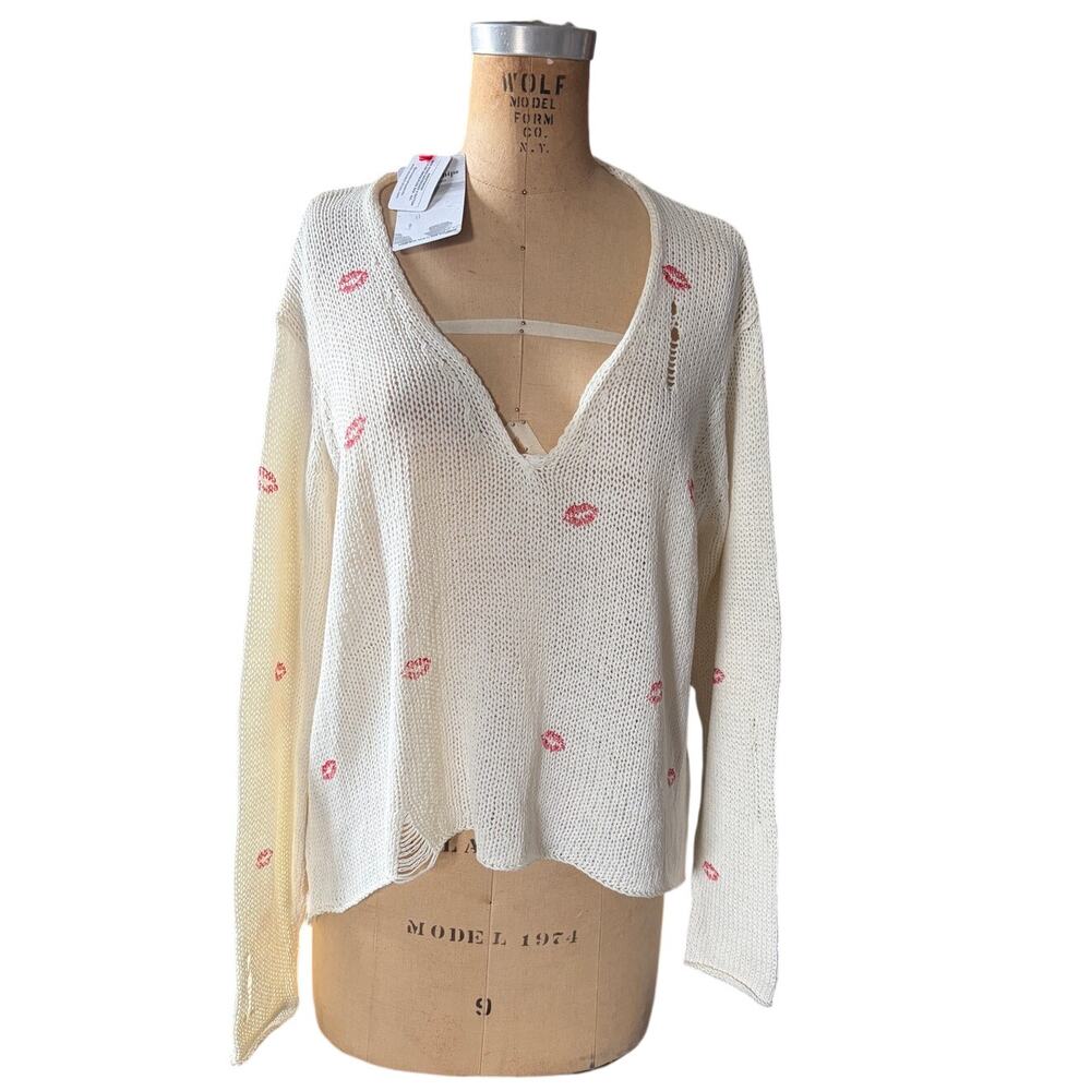 Wooden Ships NWT Mini Kisses Distressed V Neck Pullover, Size XL